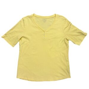 LL Bean 100% Cotton Womens Yellow Henley V-Neck Short Sleeve Button Top Size L